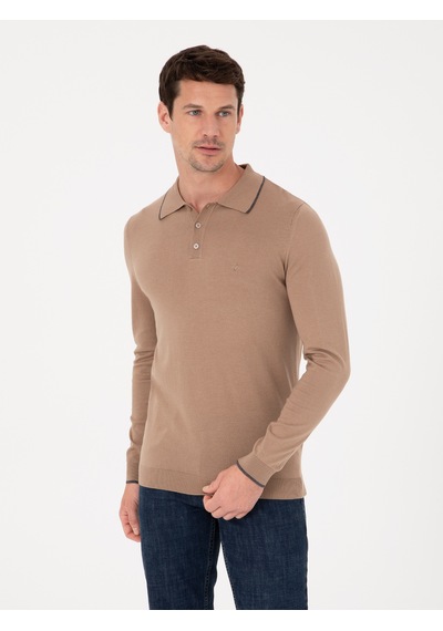 Cacharel Camel Slim Fit Pamuk Karışımlı Polo Yaka Triko Kazak Kahverengi