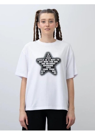 Zekids Kız Çocuk Yıldız Harf Baskılı Oversize T-shirt-15532 Beyaz Siyah