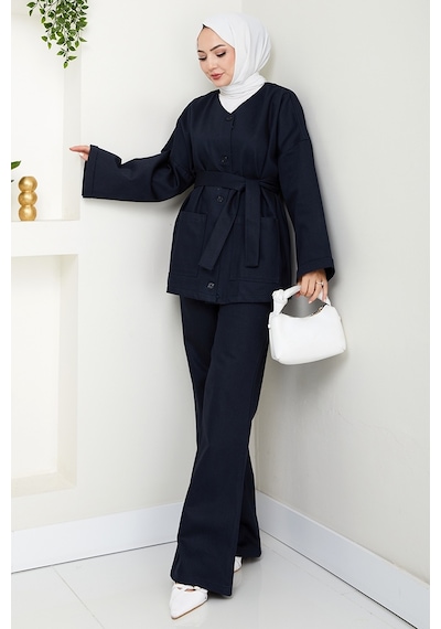 Bestenur Kemerli Ceket Pantolon Gabardin Takım 1557 - Lacivert Lacivert