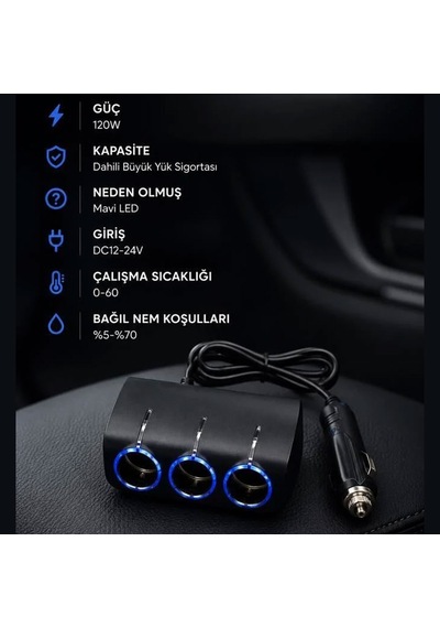 Oto Araç Çakmak Çoğaltıcı 3 Port Işıklı Dişi Çakmak Çoklayıcı 120w