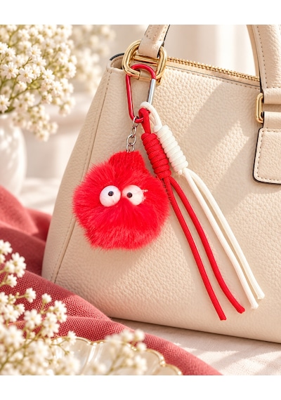 Puffy Kırmızı Bereli Ponpon Çanta Charmı