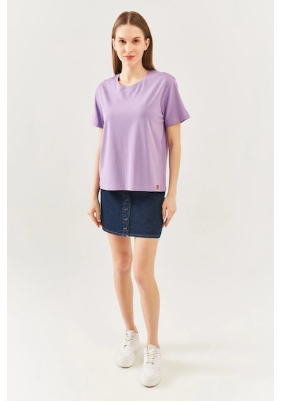 Kadın Oversize Rahat %100 Pamuklu Penye Bisiklet Yaka Kısa Kol Basic T-shirt Lila