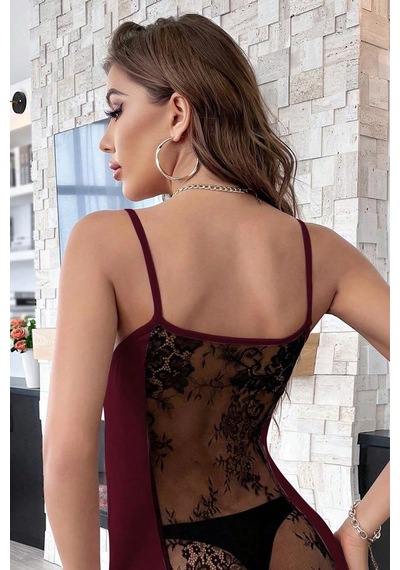 Epilons Zenviaatt2 Kadın Bordo Sırt Kısmı Komple Dantelli Mini Gecelik Zenvi312