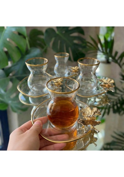 Alfafe Home Lüx 6 Kişilik 12 Parça Kelebekli Gold Yaldızlı Çay Seti Altın