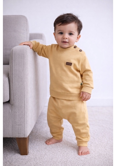 Babyhola Kız Erkek Bebek Takım Pamuk Düğmeli Sweat Düğmeli Alt Üst Takım 236312 Bej