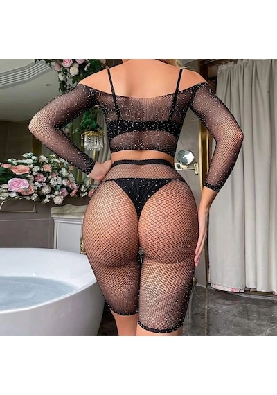 Northcity Kadın Seksi 2 Parça Taşlı Omuzları Açık Crop- Şort Vücut Çorabı Siyah