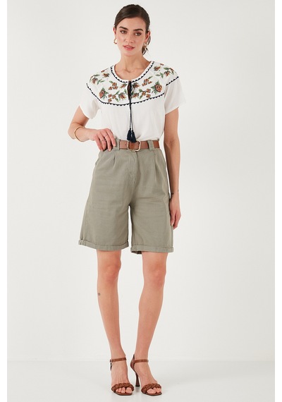Lela Pamuklu Relaxed Fit Yüksel Bel Kemerli Gabardin Short Bayan Şort 668Yp4710 Açık Haki