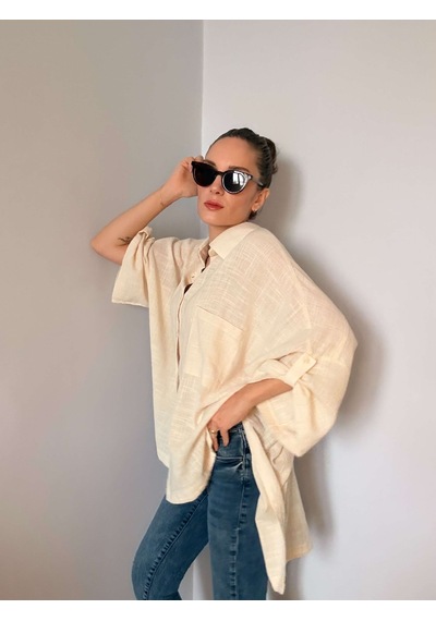 Ali Butik Krem Fakir Kol Oversize Keten Gömlek Krem
