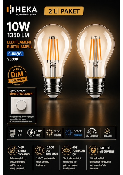 2 Adet Heka 10w Günışığı 3000k E27 Duylu Dim Edilebilir Led Rustik Ampul