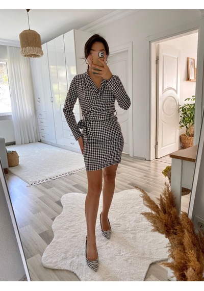 De'charme Kadın Uzun Kollu Kruvaze Yaka Bağlamalı Kemer Dalgıç Mini Boy Elbise Çok Renkli