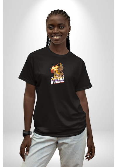 Basketbol Shaquille Oneal Star Ateş Topu Siyah Oversize Unisex Ön Orta Minimal Baskılı Tişört Siyah