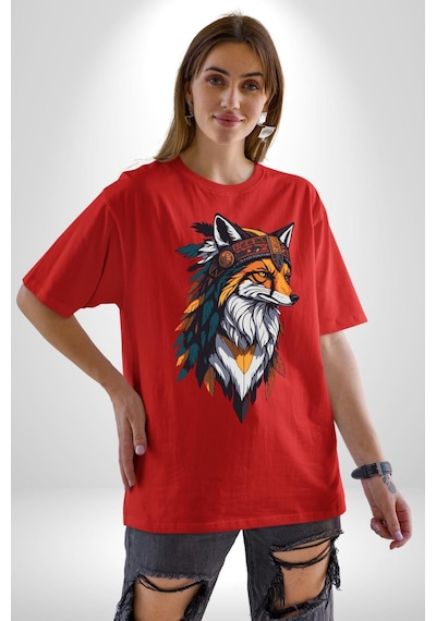 Kızılderili Tilki Pamuklu Bisiklet Yaka Unisex Oversize Boyfriend Dijital Baskılı Kırmızı T-shirt Kırmızı