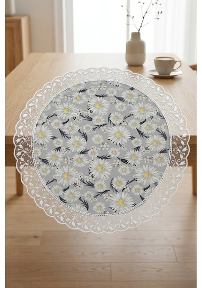 Yuvarlak Runner 60 Cm Masa Örtüsü Dekoratif Papatyalı Ranır Çok Amaçlı Şık Örtü Gri