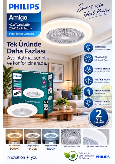 Philips Amigo Fanlı Tavan Lambası 42w Vantilatör + 20 W Aydınlatma Gücü Simli Tasarım