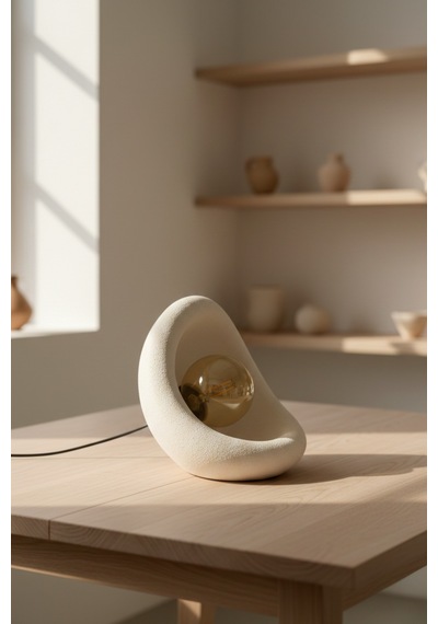 Modern Beton Dokulu Abajur Organik Oval Gece Lambası Masaüstü Komodin Lambası 25 Cm Beyaz