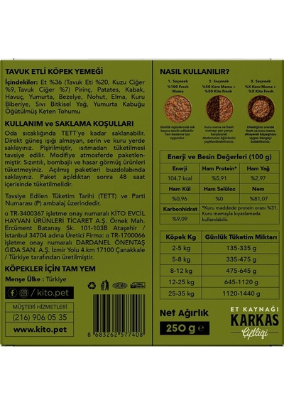 Kito Fresh Tavuk Etli Köpek Yemeği%100 Taze İçerikli Mama 250 Gr