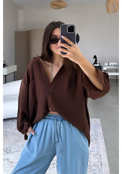 Paw Garage Kadın Flory Ayrobin Oversize Tek Cep Gömlek Kahverengi