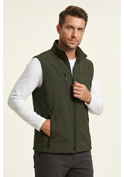 Genius Store Erkek Yelek Softshell Su Geçirmez Tam Fermuarlı Cepli Normal Kalıp Spor Yelek Haki