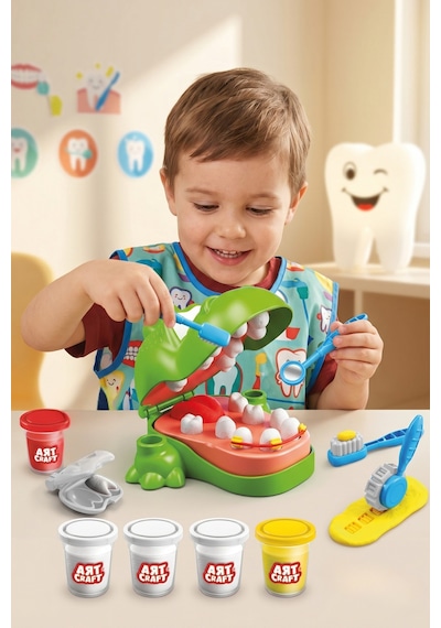 Art Craft Dinozor Diş Hekimi Eğitici Oyun Hamuru Seti - 5 Renk Dişçi Oyuncak 3+ Yaş Çok Renkli
