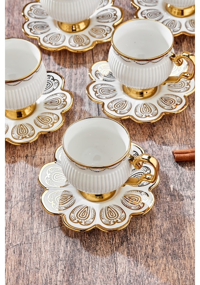 Cooker 220 Ml 6'lı Şık Tasarım Altın Yaldızlı Porselen Çay Fincan Takımı - Şık Kutulu Hediyelik Diğer
