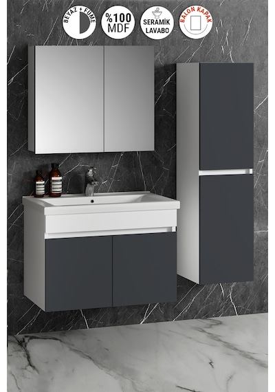 Çiğdem 80+35 Cm Beyaz-füme Balon Mdf Seramik Lavabolu Asma Banyo Dolabı Takımı Beyaz - Inox Çiğdem 80+35 Cm Beyaz-füme Balon Mdf Seramik Lavabolu Asma Banyo Dolabı Takımı Beyaz - Inox
