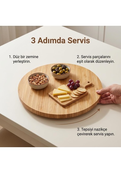360 Dönerli Bambu Sunum Tablası, 30 Cm Çap, 2,2 Cm Kalınlık, Yuvarlak Servis Tepsisi, Doğal Bambu Rengi, Kahvaltı Ve Peynir Sunumu İçin, 1 Adet Çok Renkli