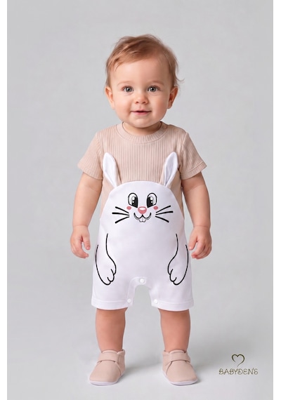 Babyden's Tavşan Baskılı Şortlu Erkek Bebek Tulum %100 Pamuk Yazlık Kısa Kollu Çıtçıtlı Yenidoğan Bebek Tulumu 0-9 Ay Bej