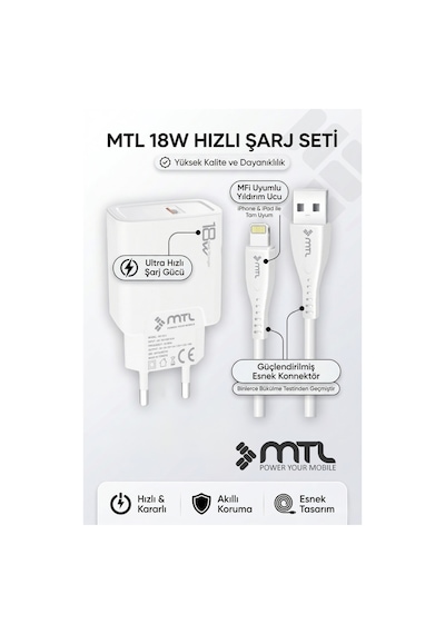18w Qc 3.0 Destekli Hızlı Usb Adaptör + Lightning Apple iPhone Uyumlu Usb Kablo Hızlı Şarj Seti Mt1313