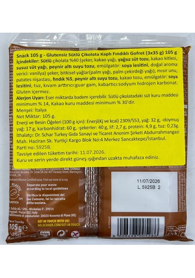 Schar Glutensiz Sütlü Çikolata Kaplı Fındıklı Gofret 105 G