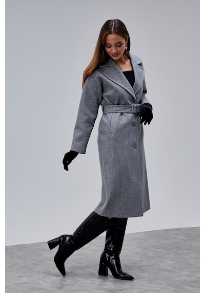 Gri Premium Oversize Kemerli Kaşe Kaban Gri