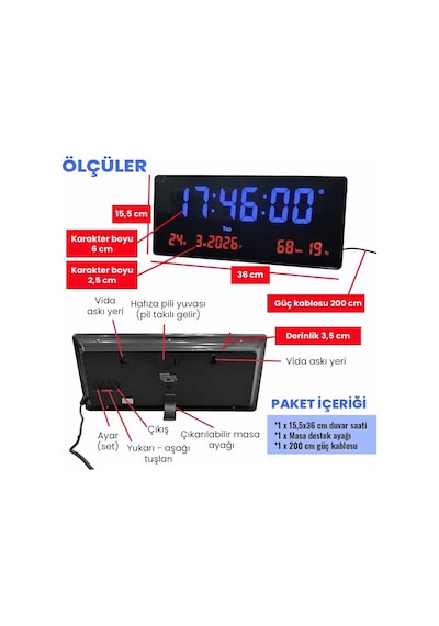 Upway 15 36 Cm Büyük Hd Led Dijital Duvar Saati Alarm Tarih Sıcaklık Nem Siyah