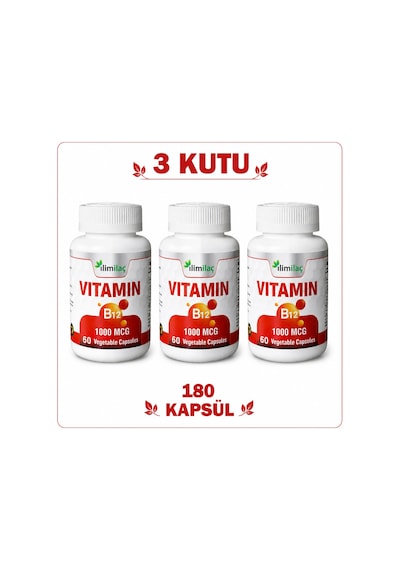 Vitamin B12 1000 Mcg 3 Kutu 180 Kapsül B12 Takviye Edici Gıda