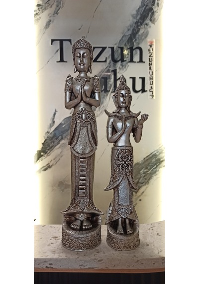 İkili Buda Heykeli Biblo Dekoratif Obje
