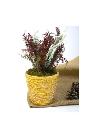 Yapay Çiçek, 7 Dallı Yeşillik Demeti, Bordo, Sarı Beton Saksı, 30 Cm Yükseklik, Masa Ofis Ev Dekoru Diğer