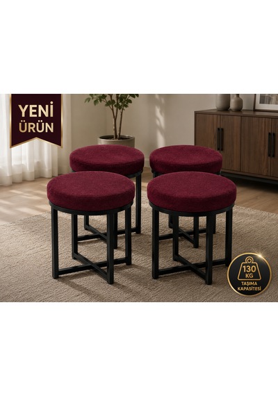 Ziro 4lü Puf Takımı Tabure Bench Makyaj Sandalyesi Siyah Ayak Bordo