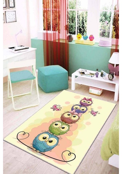 Sarı Kaymaz Tabanlı Yıkanabilir Baykuşlu Çocuk Halısı Ar061n11