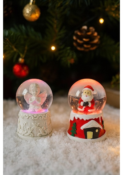 Ev Dekoru Yeni Yıl Huzuru Işıklı Santa Melek Figürlü Ve Noel Baba Temalı Kar Küresi 2'li Seti 6.5 Cm Çok Renkli