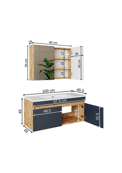 Roomart '' Lavabolu '' Atlantik-antrasit Mdf 100 Cm Banyo Dolabı Atlantik - Antrasit