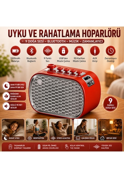 Polham 9 Sesli Uyku Hoparlörü Bluetooth 5.1v, 1200mah Taşınabilir Rahatlama Cihazı Zamanlayıcı, Usb Sd Kart Aux Kırmızı