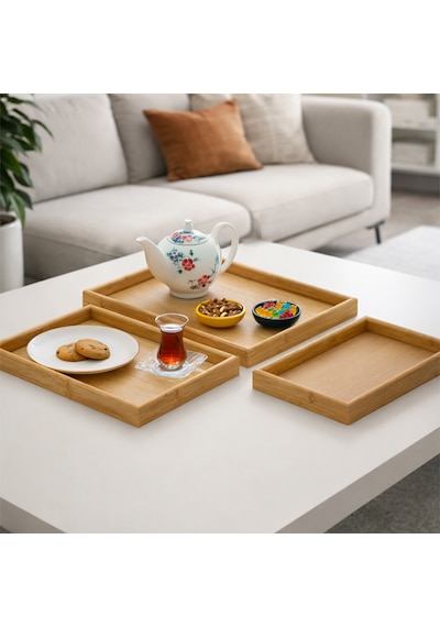 Porsima 130105043 Ahşap Tepsi 3lü Set Çay Kahve Bambu Sunumu Tepsi Seti Ahşap