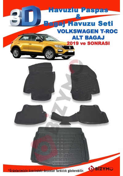 Volkswagen T-Roc 2019+ 3D Havuzlu Paspas + Alt Bagaj Havuzu Set