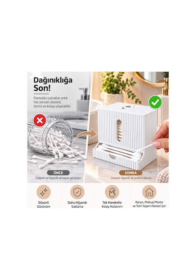 Modern Tasarım Kulak Çubuğu Dispenseri Kapaklı Banyo Makyaj Pamuk Düzenleyici Organizer - Beyaz Renkli