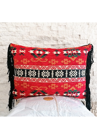 Etnik Kırmızı Kilim Püsküllü Kırlent Bohem Dekoratif İçi Dolgulu Yastık Kırmızı