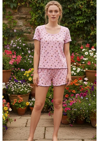 Siyah İnci Dantelli Fitilli Kaşkorse Örme Şortlu Pijama Takım 26120052 Pembe