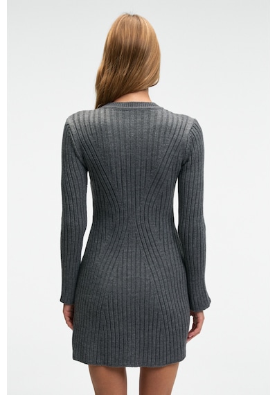 Grımelange ENCANTO Kadın Yuvarlak Yaka Çizgi Desenli Slim Fit Antrasit Elbise