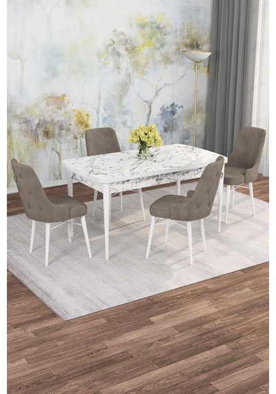 Mona Beyaz Mermer 80x132 Açılabilir Mdf Masa Yemek Odası Takımı, Mutfak Takımı 4 Adet Sandalye Beyaz Mermer - 4 Cappuccino - Beyaz Ayak Mona Beyaz Mermer 80x132 Açılabilir Mdf Masa Yemek Odası Takımı, Mutfak Takımı 4 Adet Sandalye Beyaz Mermer - 4 Cappuccino - Beyaz Ayak