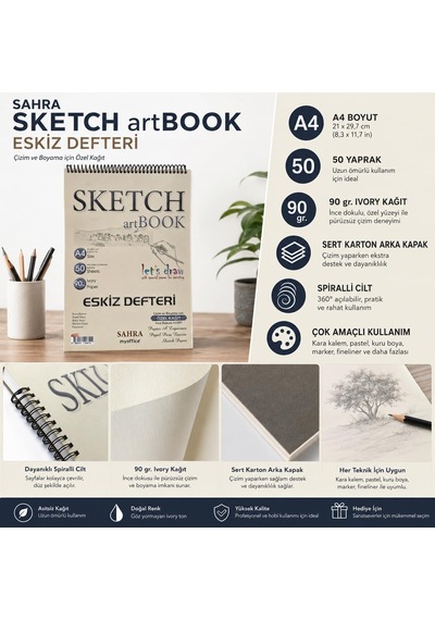 Lexroo Sahra Sketch Artbook Eskiz Defteri A4, 50 Yaprak, 90 Gr Ivory