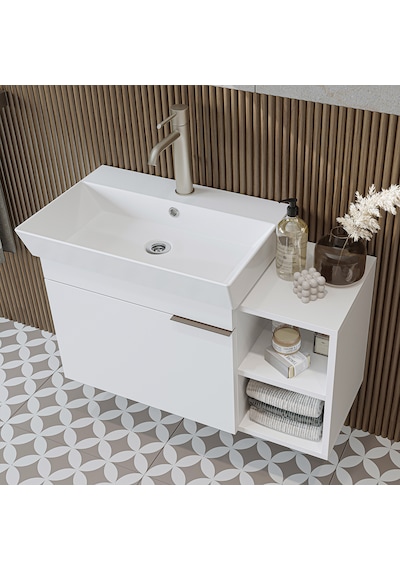 Likya Kapaklı Açık Raflı Mdflam Lavabolu 82 Cm Banyo Dolabı Beyaz