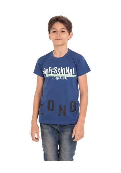 Koyu Mavi Long Baskılı Bisiklet Yaka 13-16 Yaş Tişört 2012-7 Koyu Mavi