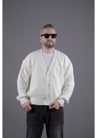 Dokulu Oversize Erkek Kalın Hırka Bej